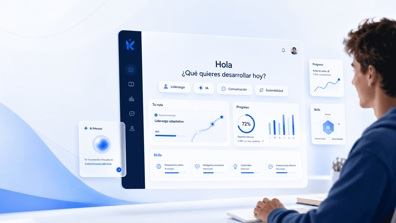 Una vista conceptual del producto Kaibility con rutas y progreso